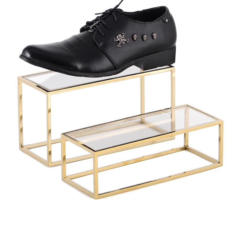 ASH015 Transparent Acrylic Shiny Gold Metal Cube Shoe Display Stands